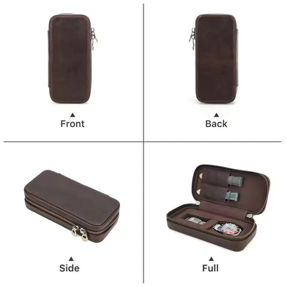 Crazy Horse Cowhide Leather Single Watch Case with Strap Slots