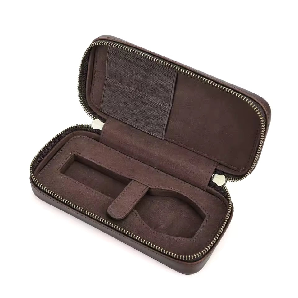 Crazy Horse Cowhide Leather Single Watch Case with Strap Slots