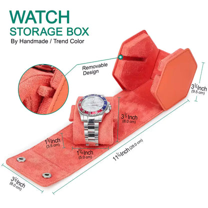 Saffiano Genuine Leather Single Slot Watch Roll Case - Hexagon Portable Watch Case