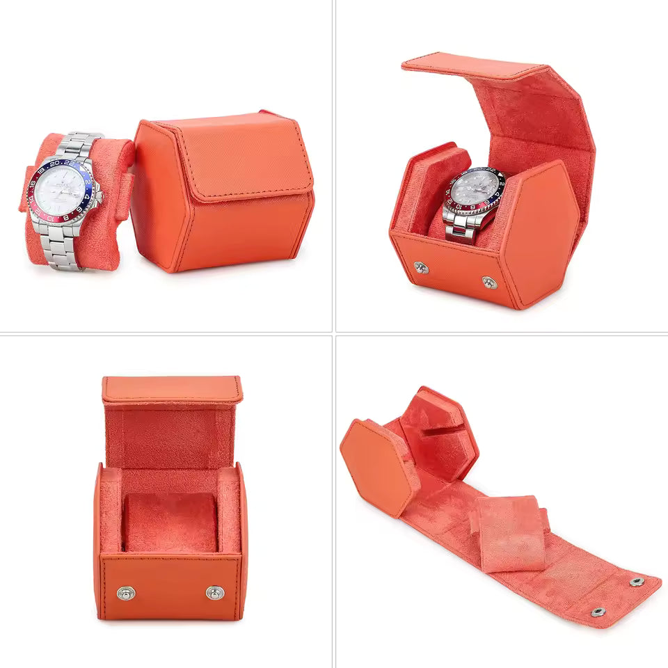 Saffiano Genuine Leather Single Slot Watch Roll Case - Hexagon Portable Watch Case