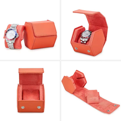 Saffiano Genuine Leather Single Slot Watch Roll Case - Hexagon Portable Watch Case