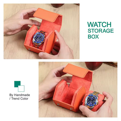 Saffiano Genuine Leather Single Slot Watch Roll Case - Hexagon Portable Watch Case