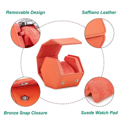 Saffiano Genuine Leather Single Slot Watch Roll Case - Hexagon Portable Watch Case