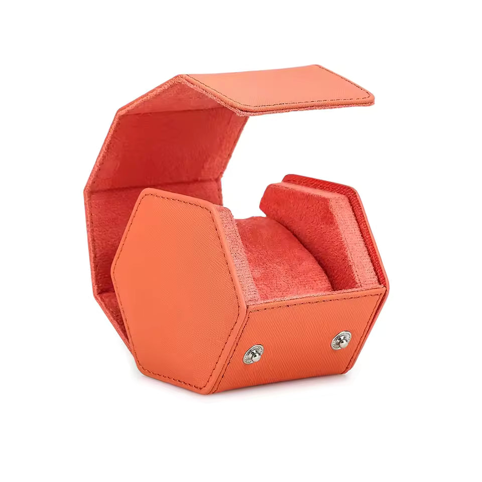 Saffiano Genuine Leather Single Slot Watch Roll Case - Hexagon Portable Watch Case