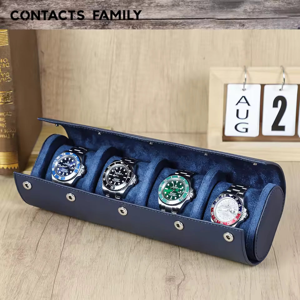 Saffiano Genuine Leather 1/2/3/4 Slots Watch Roll Case - Travel Portable Watch Case