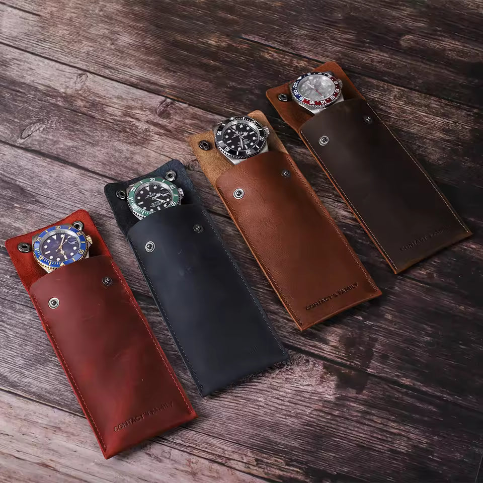 Single Slot Genuine Leather Watch Case for Men - Travel Portable Watch Pouch Holder