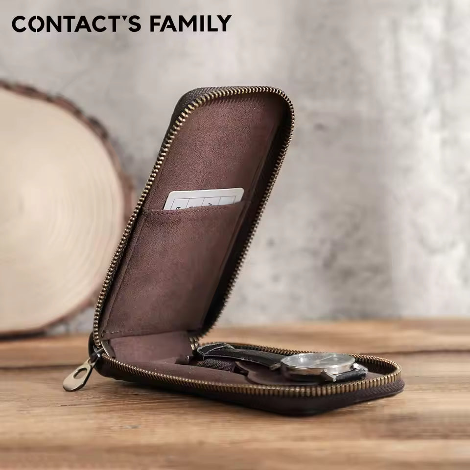 Single Slot Vintage Genuine Leather Watch Case - Watch Travel Organizer Zipper Case
