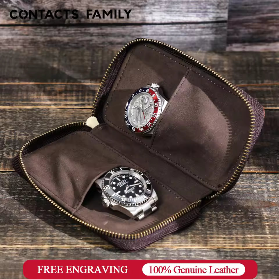 Vintage Genuine Leather 2-Slot Watch Case - Premium Portable Watch Pouch for Gift