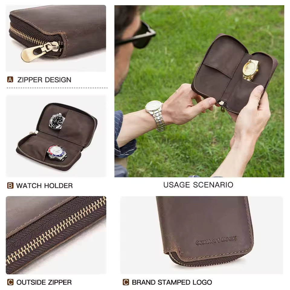 Vintage Genuine Leather 2-Slot Watch Case - Premium Portable Watch Pouch for Gift