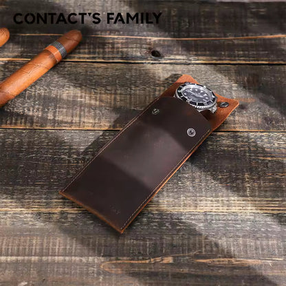 Vintage Genuine Leather Portable Single Slot Watch Case - Travel Watch Pouch