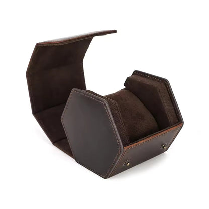 Genuine Leather Hexagon 1/2/3/4 Slots Watch Roll Case - Portable Watch Case Gift for Men