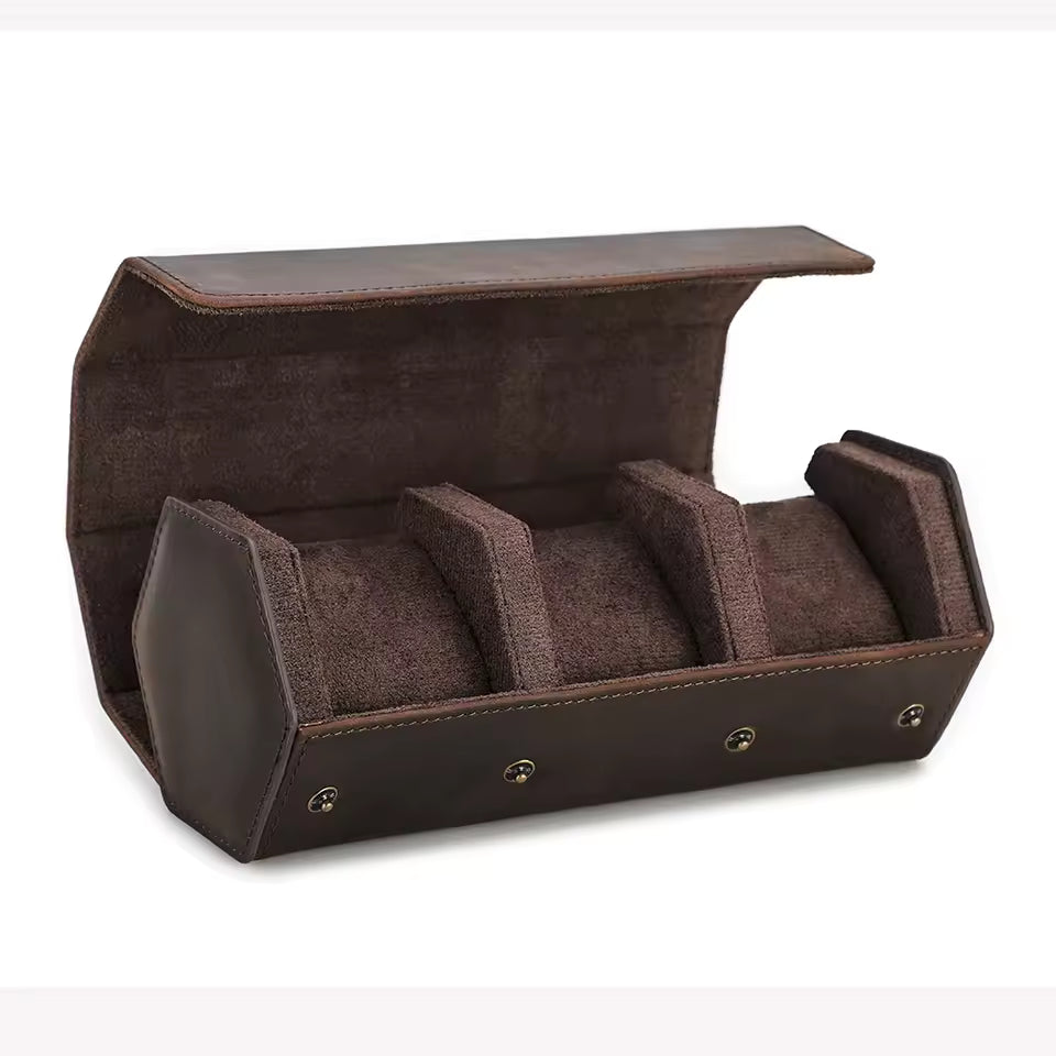 Genuine Leather Hexagon 1/2/3/4 Slots Watch Roll Case - Portable Watch Case Gift for Men