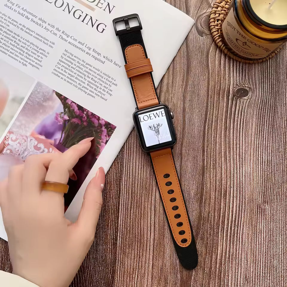 Wear-Resistant Silicone+Leather Strap for Apple Watch Band iWatch Series Ultra/10/9/8/7/6/5/4/SE