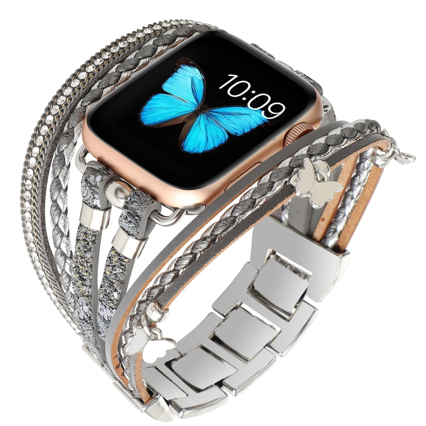 Women's Metal+Leather Jewelry Bracelet for Apple Watch Band iWatch Series Ultra2/10/9/8/7/6/5/4/SE