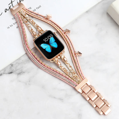 Women's Metal+Leather Jewelry Bracelet for Apple Watch Band iWatch Series Ultra2/10/9/8/7/6/5/4/SE