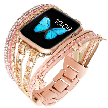 Women's Metal+Leather Jewelry Bracelet for Apple Watch Band iWatch Series Ultra2/10/9/8/7/6/5/4/SE