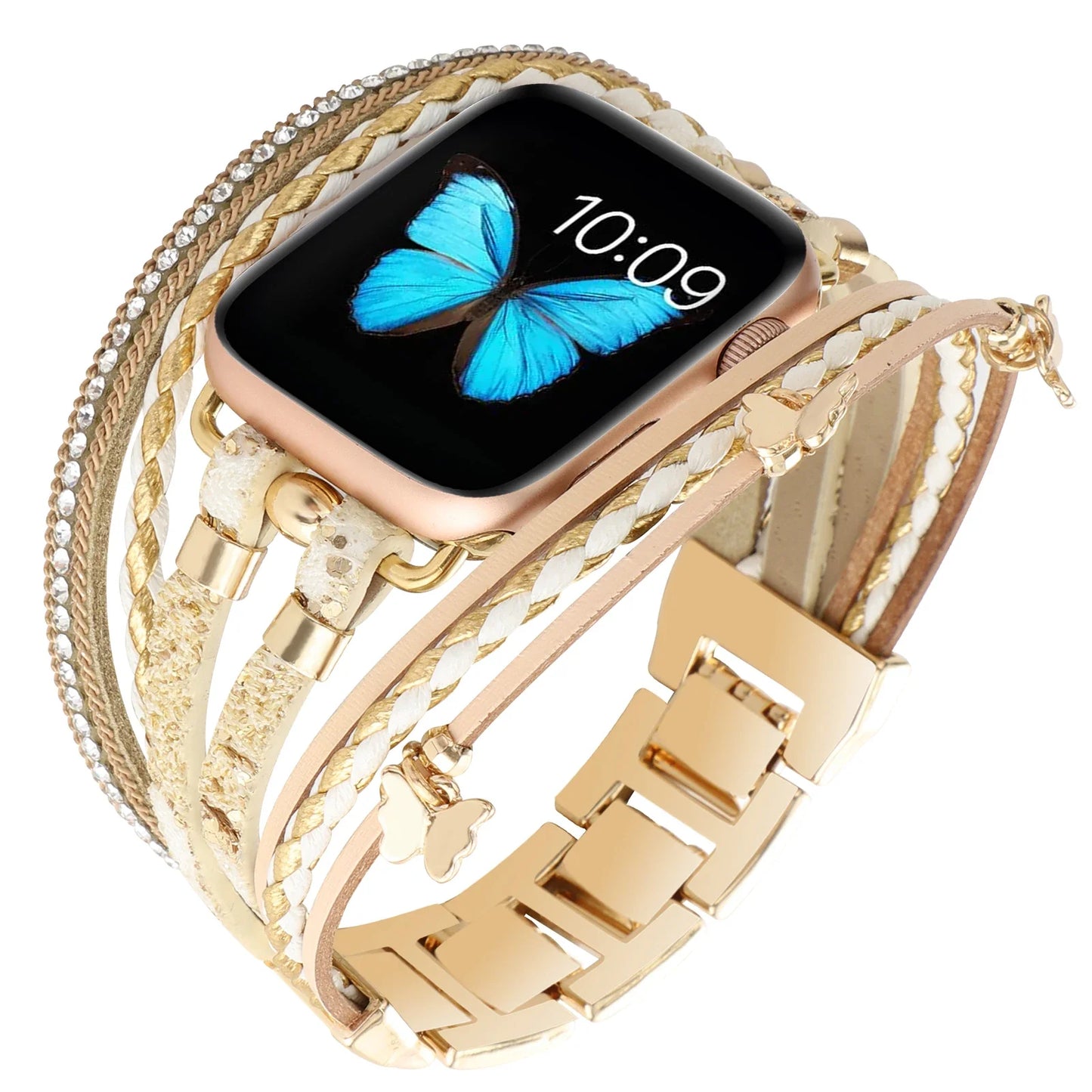 Women's Metal+Leather Jewelry Bracelet for Apple Watch Band iWatch Series Ultra2/10/9/8/7/6/5/4/SE