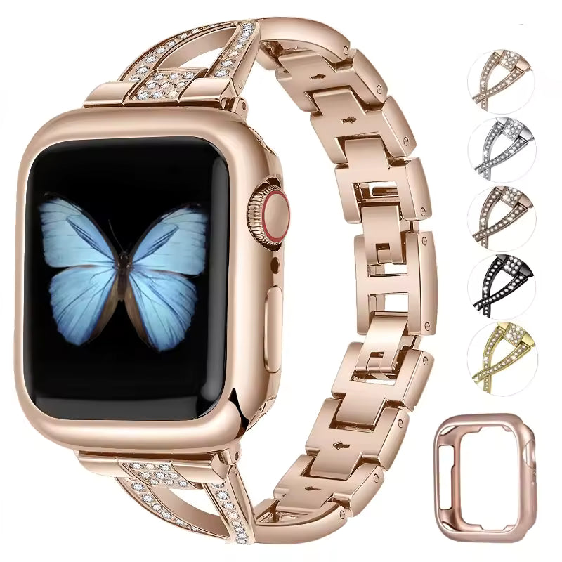 Women's Diamond Stainless Steel Strap+Case for Apple Watch Band iWatch Series 8/7/5/4/SE
