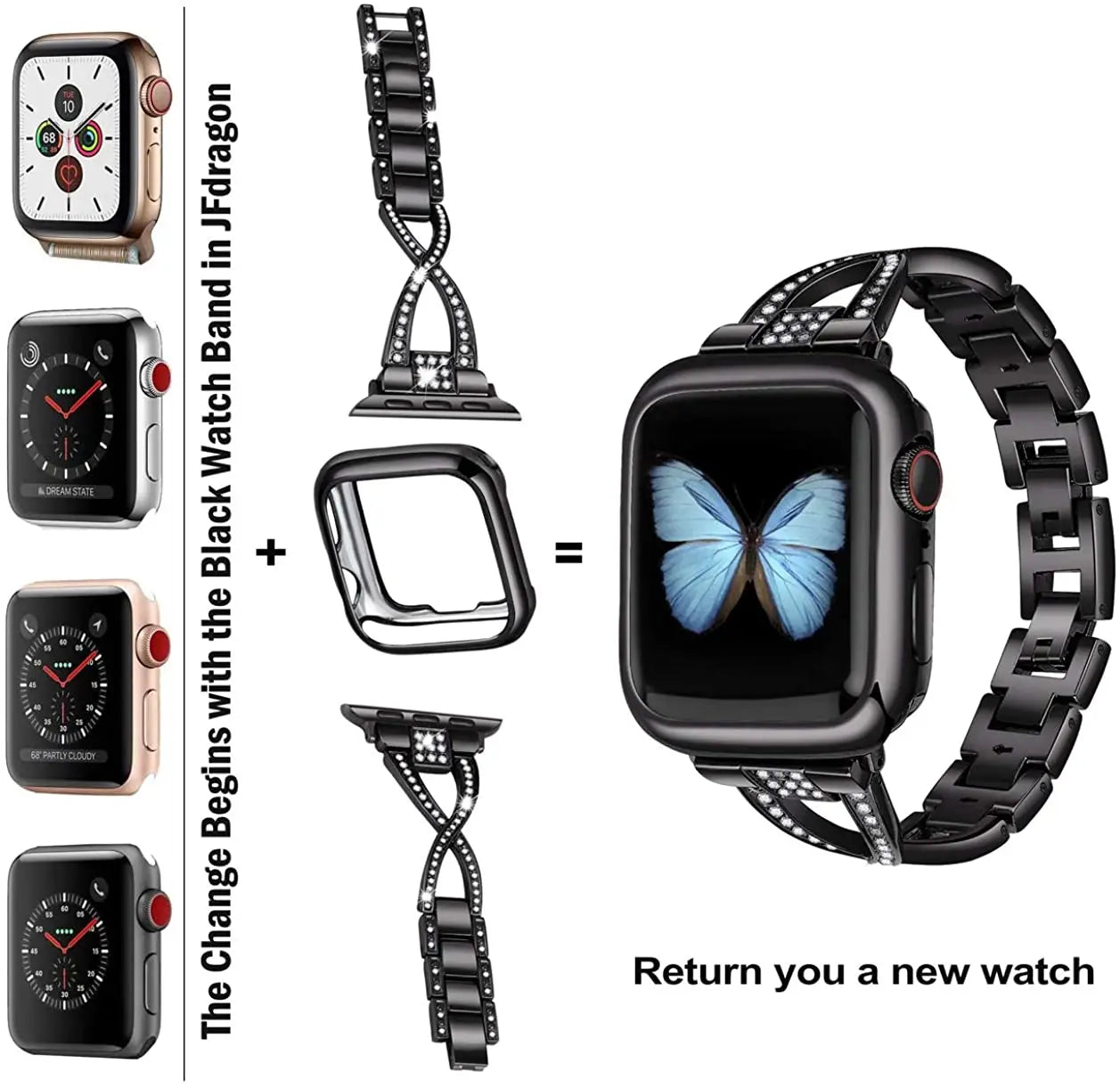 Women's Diamond Stainless Steel Strap+Case for Apple Watch Band iWatch Series 8/7/5/4/SE