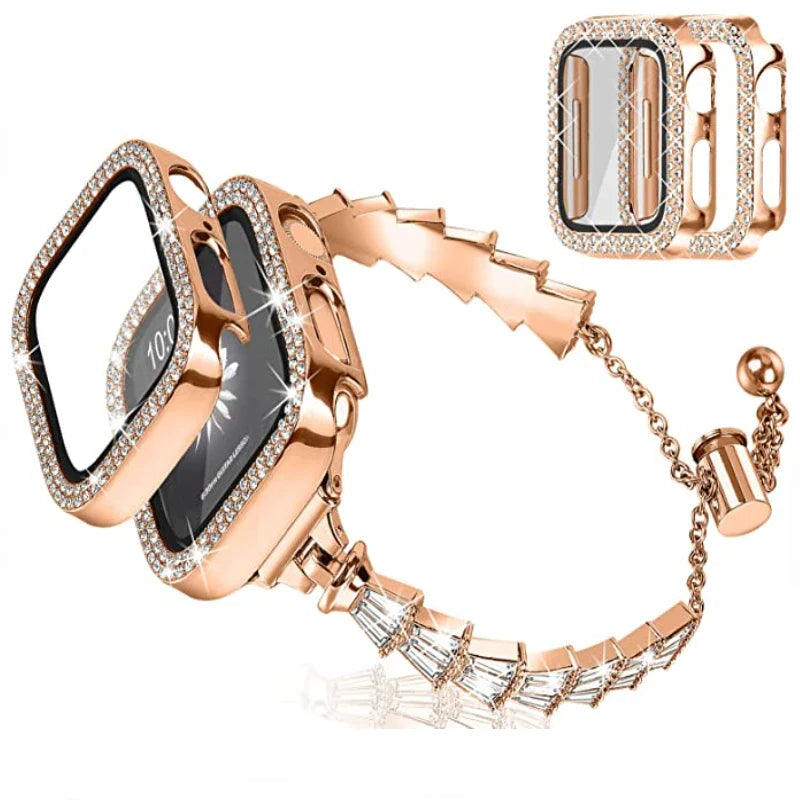 Women's Stainless Steel Diamond Strap+Glass Case for Apple Watch 9/8/7/6/5/4/3/SE
