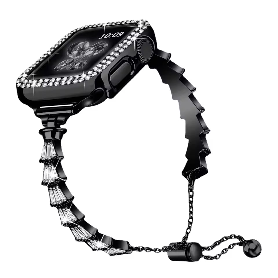 Women's Stainless Steel Diamond Strap+Glass Case for Apple Watch 9/8/7/6/5/4/3/SE
