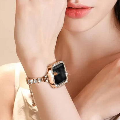 Women's Stainless Steel Diamond Strap+Glass Case for Apple Watch 9/8/7/6/5/4/3/SE