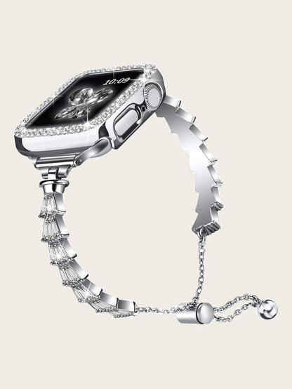 Women's Stainless Steel Diamond Strap+Glass Case for Apple Watch 9/8/7/6/5/4/3/SE